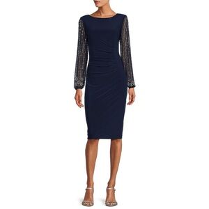 MARINA Round Neck Beaded Lace Long Sleeve Side Drape Sheath Dress. 18W. NWT.